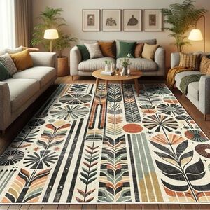 NEW Anthropologie Cream Boho Retro Floral Geometric Area Rug Carpet - 2.5' x 5'